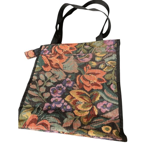 Vintage Floral Tapestry Zippered Tote Bag Front Pocket Black Handles Estate - Picture 3 of 6